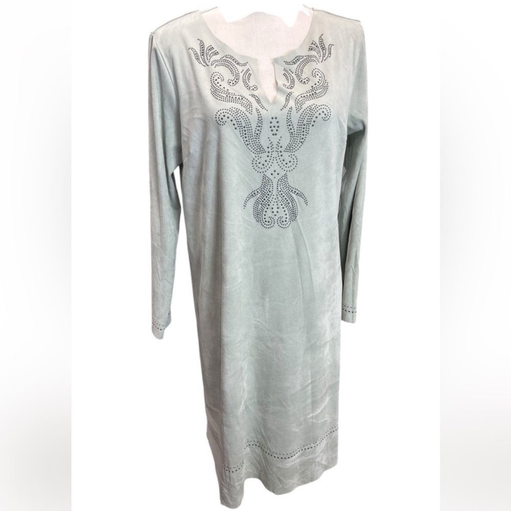 Soft Surroundings Sage Green Velvet Embellished Long Sleeve Dress Medium NWT - Picture 2 of 12